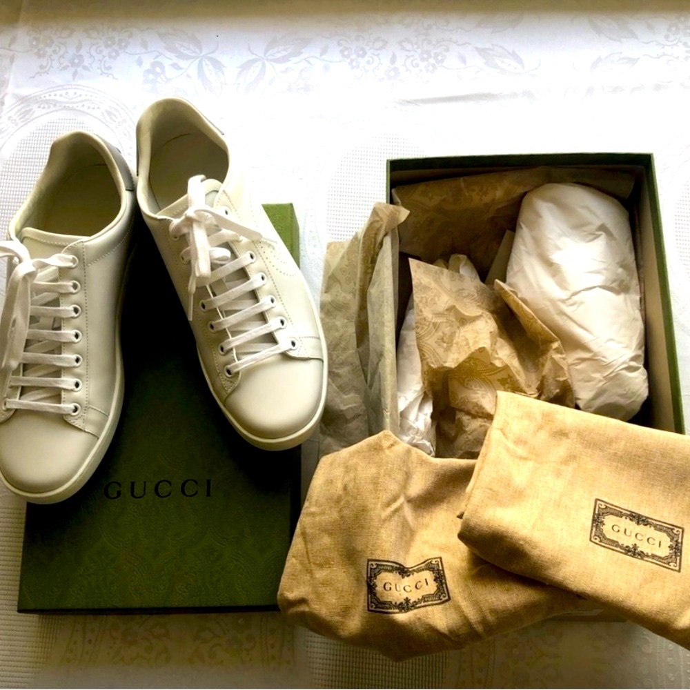 New Gucci White/Grey Leather Ace Eclipse Sneakers Lace-Up Shoes Women’s Size 39